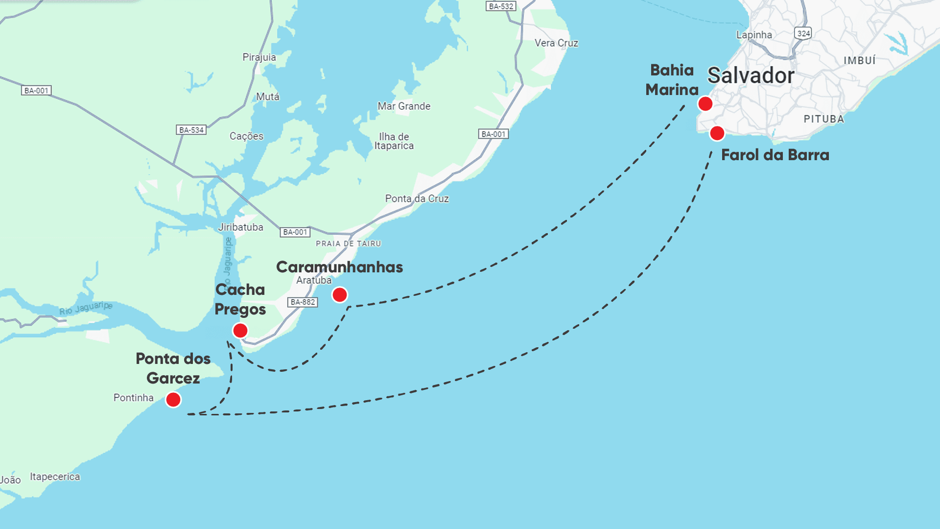 Mapa do roteiro Caramunhanhas, Cacha Pregos, Ponta dos Garcez e Farol da Barra