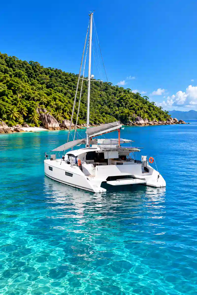 Luxury sailing catamaran anchored in tropical waters